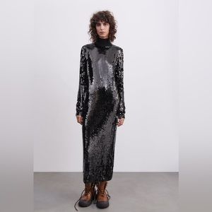 NWT Zara Woman Long Sequin Sequined Dress LIMITED EDITION Black Size M